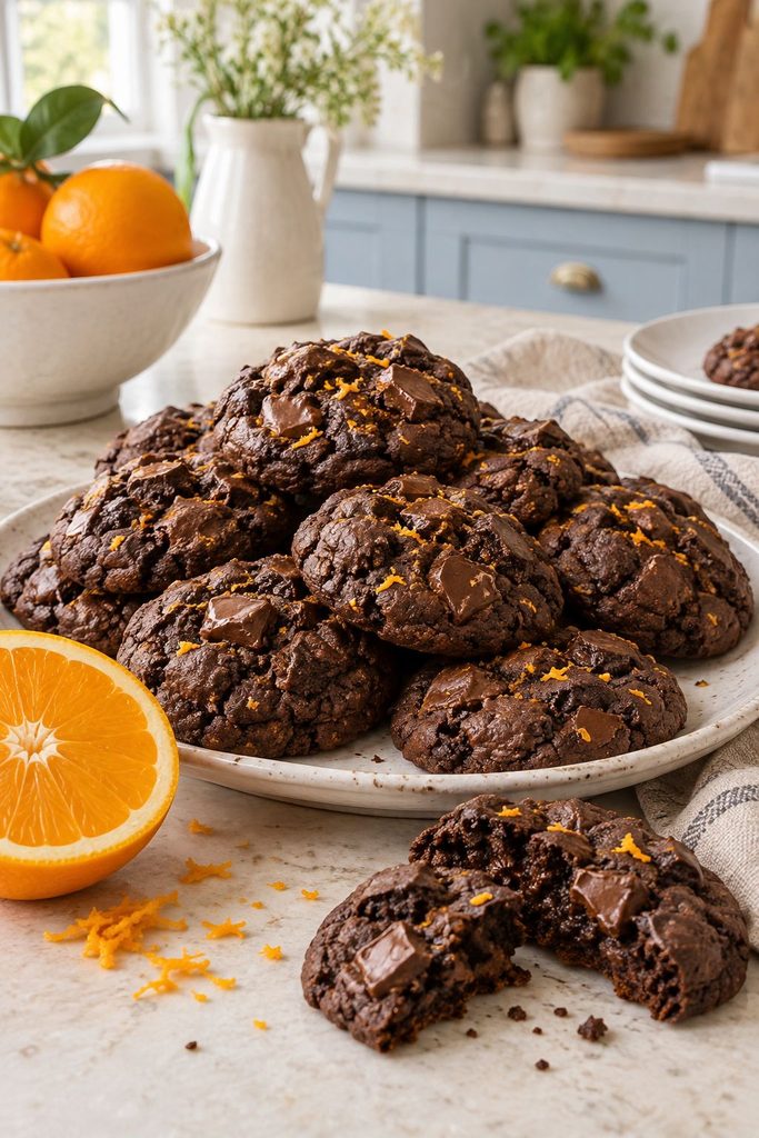 Chocolate cookies with visible orange zest flecks next to a halved orange