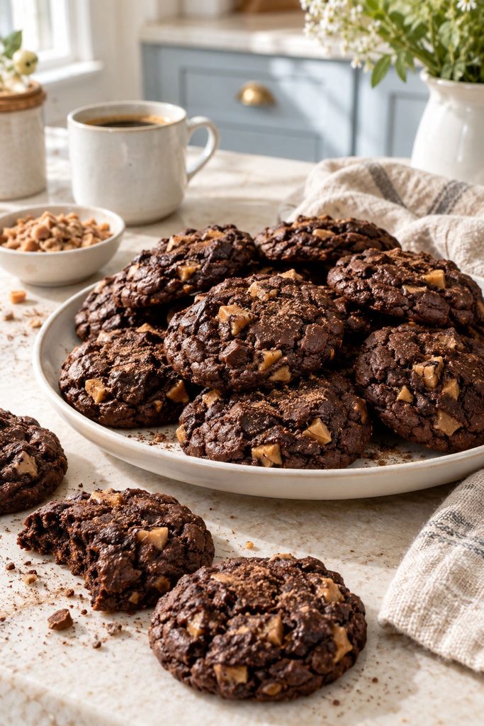 Deep brown cookies flecked with golden toffee bits and a dusting of espresso powder