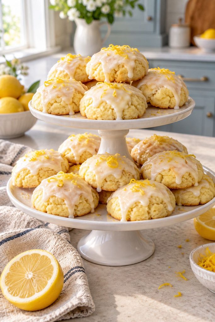 Pale yellow cookies with a glossy lemon glaze on a tiered stand