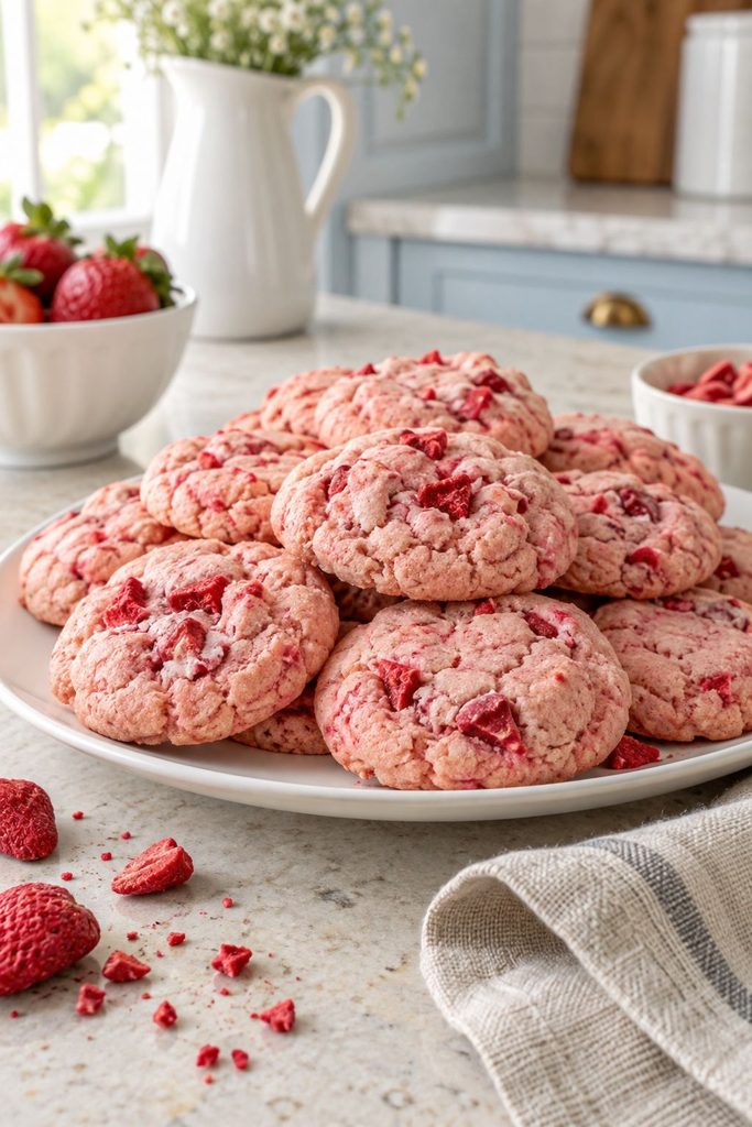 Pink cookies dotted with bits of freeze-dried strawberry