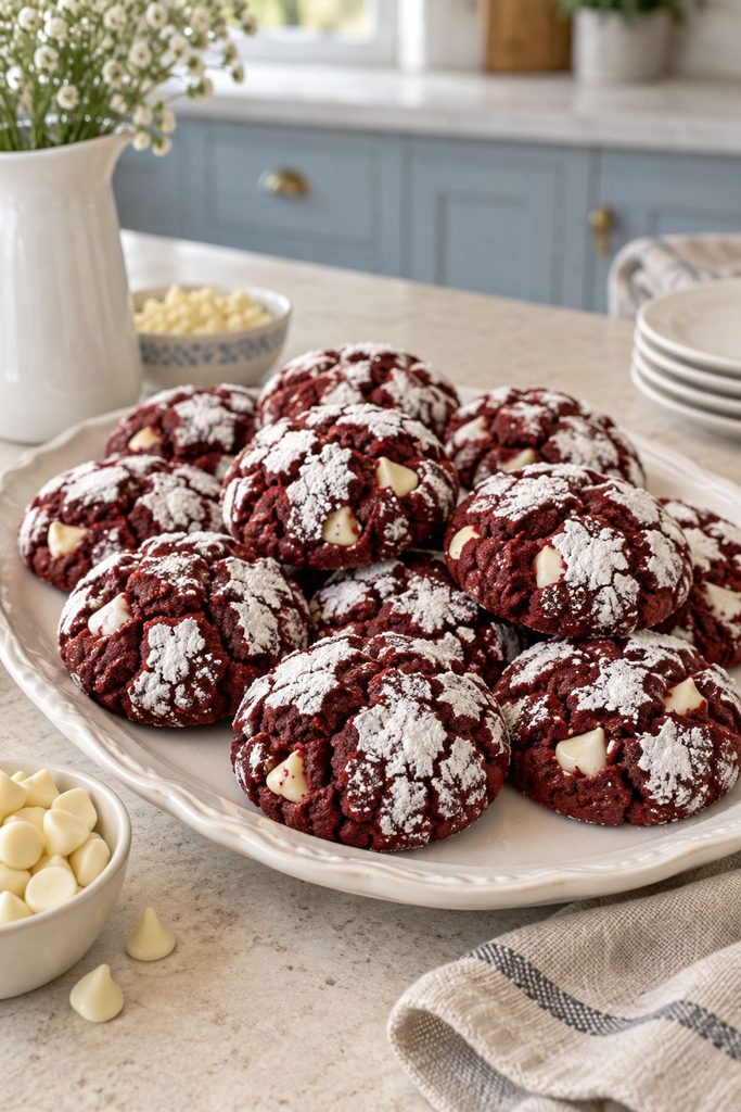 Deep red cookies with cracked powdered sugar tops and white chocolate chips