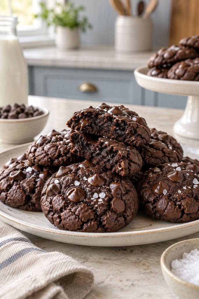 Dark fudgy cookies with flaky salt on top