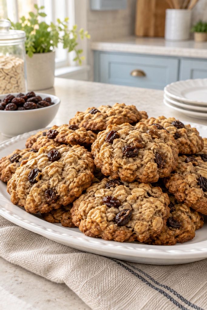 Chewy oatmeal cookies plump with raisins and warm spice on a linen napkin