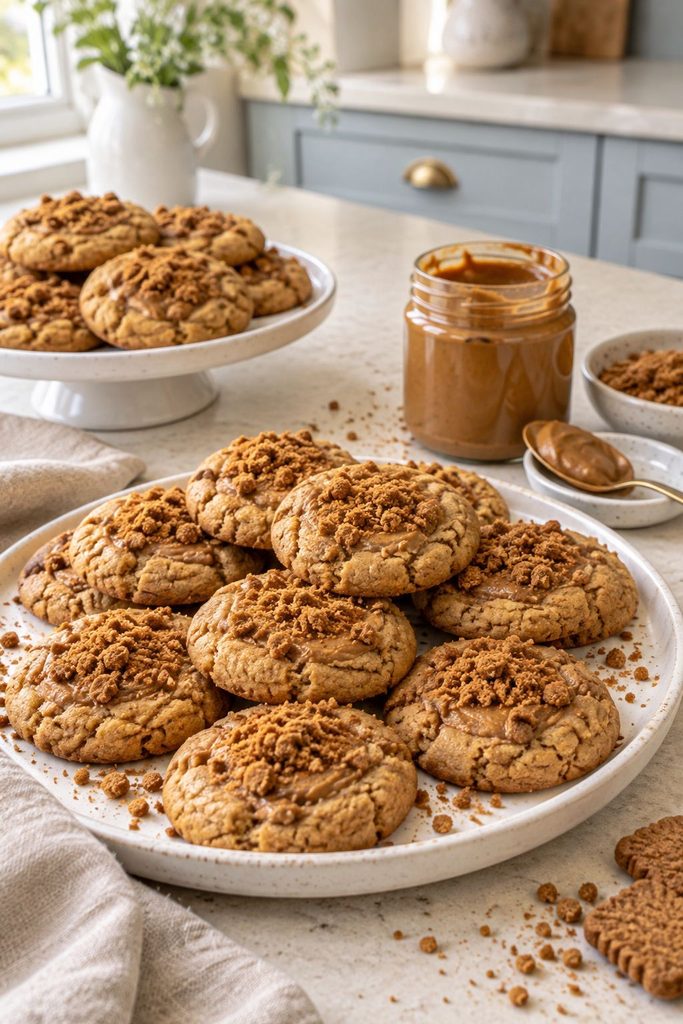 Caramel-toned cookies topped with crushed speculoos crumbs and a spoon of cookie butter beside them
