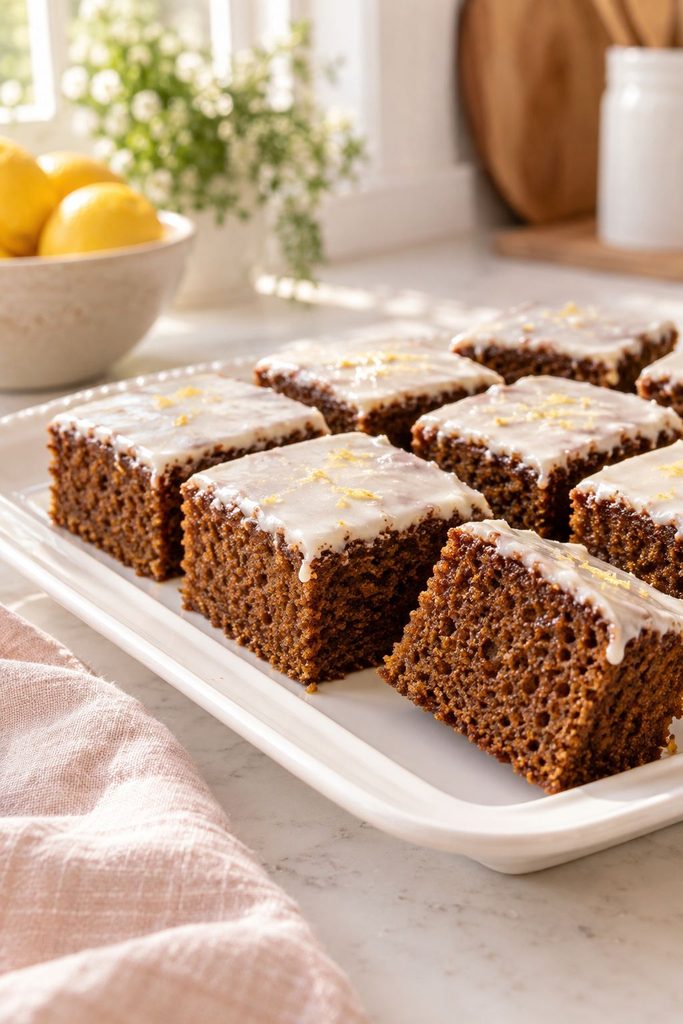 Dark gingerbread bars with a thin white lemon glaze