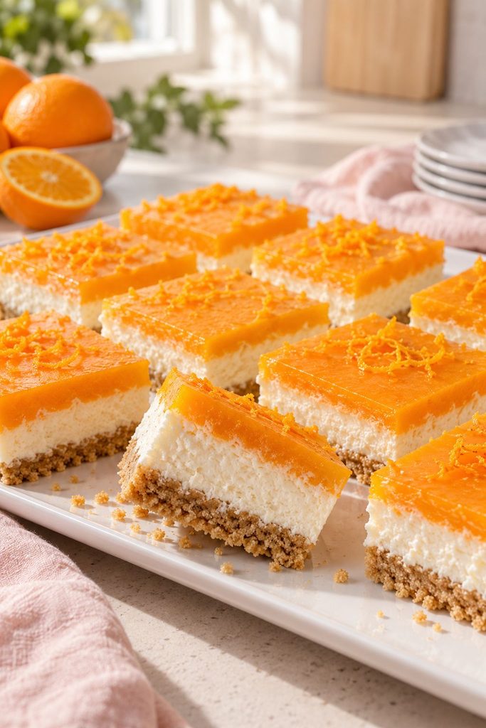 Orange creamsicle bars with orange topping and creamy white layer