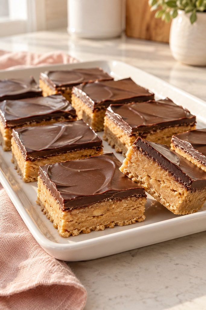 Buckeye bars with a thick peanut butter base and shiny chocolate top