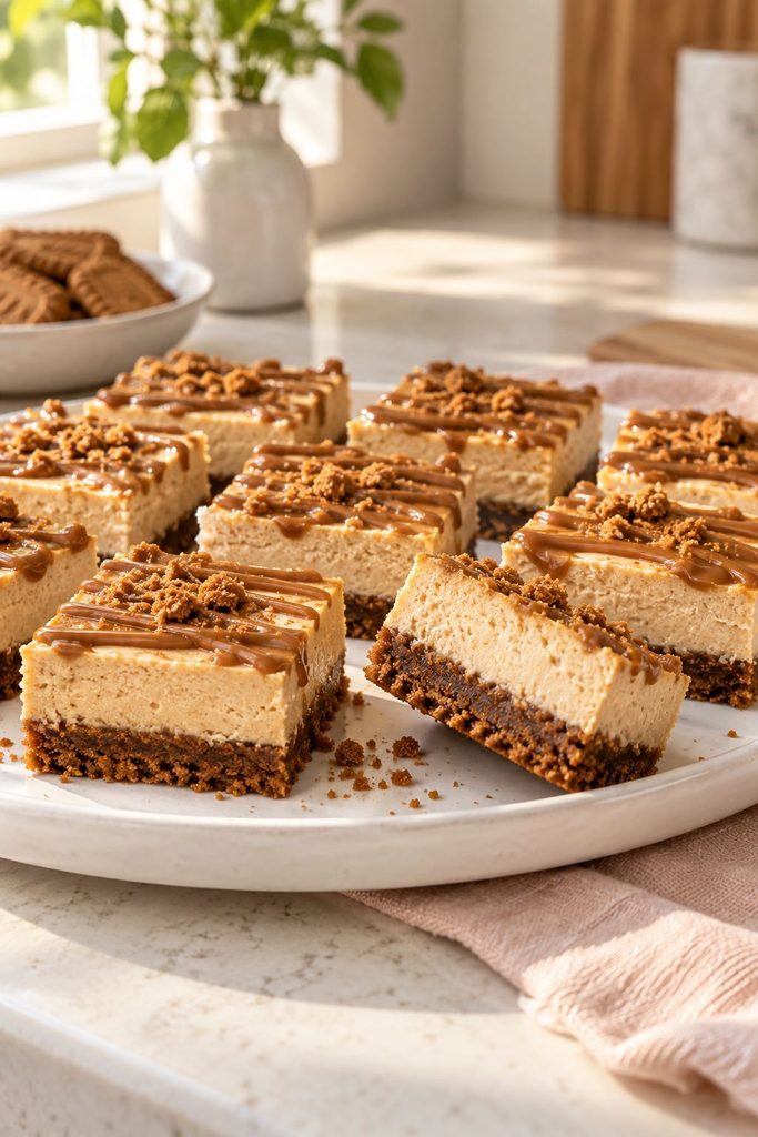 No-bake cookie butter cheesecake bars with speculoos crust and drizzle