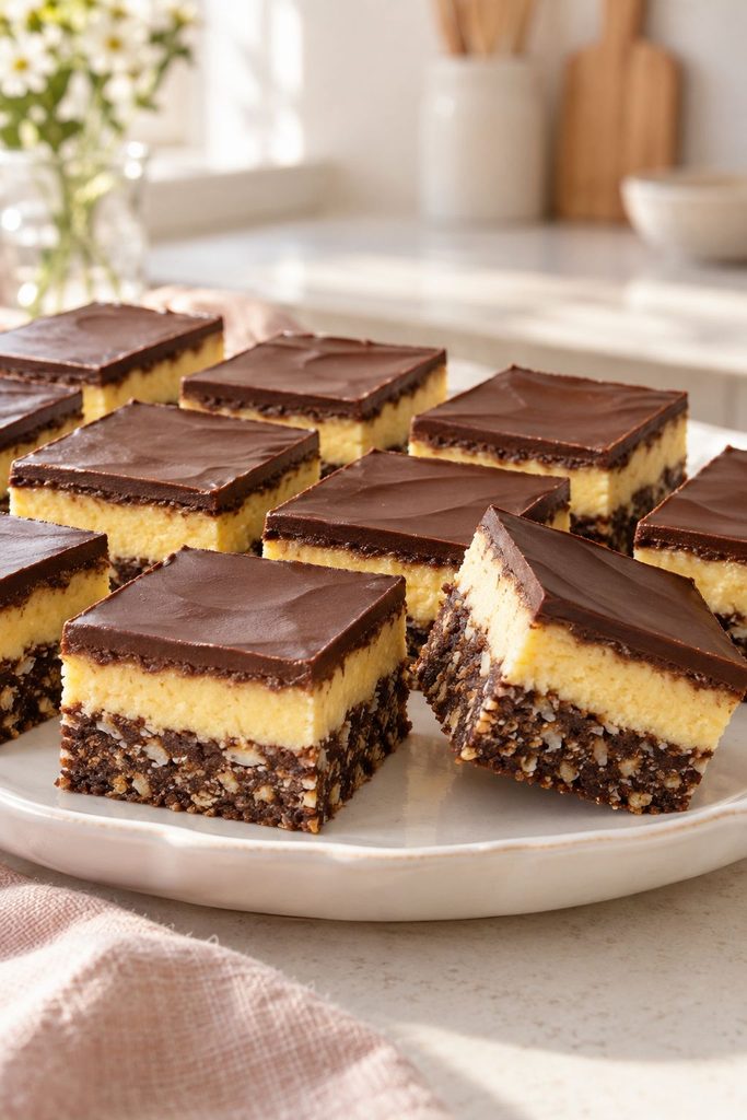 Three-layer Nanaimo bars with chocolate, custard cream, and shiny chocolate top
