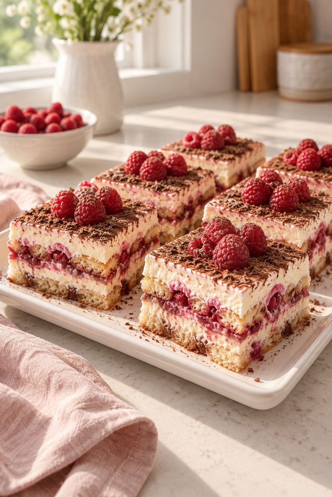 Layered raspberry tiramisu squares with mascarpone cream