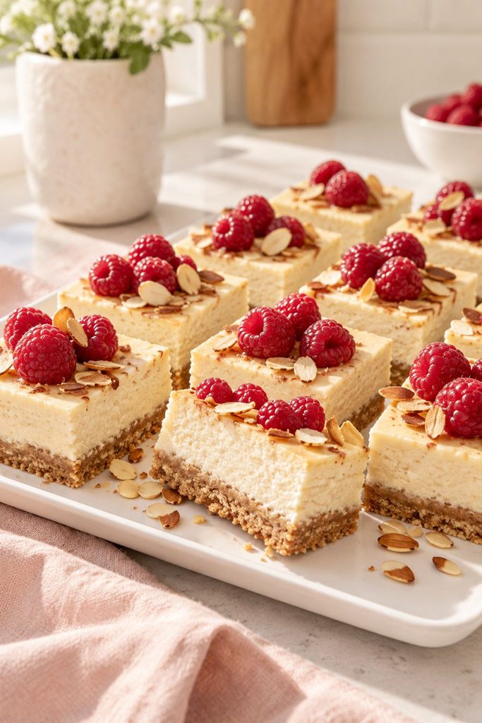 White chocolate cheesecake bars with red raspberry jam swirls