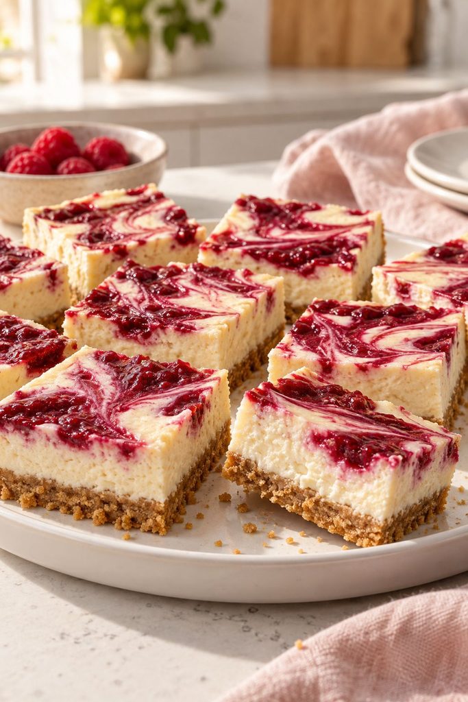 Almond cheesecake bars with fresh raspberries and sliced almonds