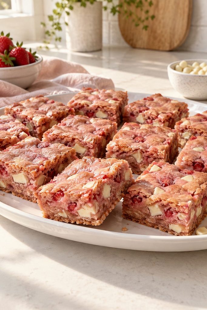 Pink strawberry blondie bars with melted white chocolate