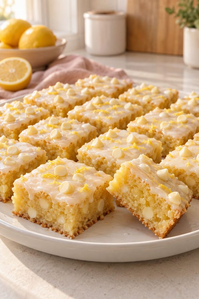 Dense lemon brownies with white glaze and white chocolate chips