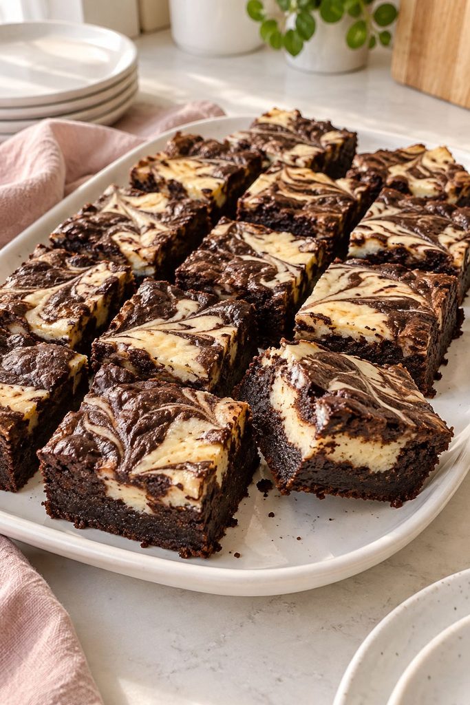 Marbled cheesecake brownies with white swirls through dark chocolate