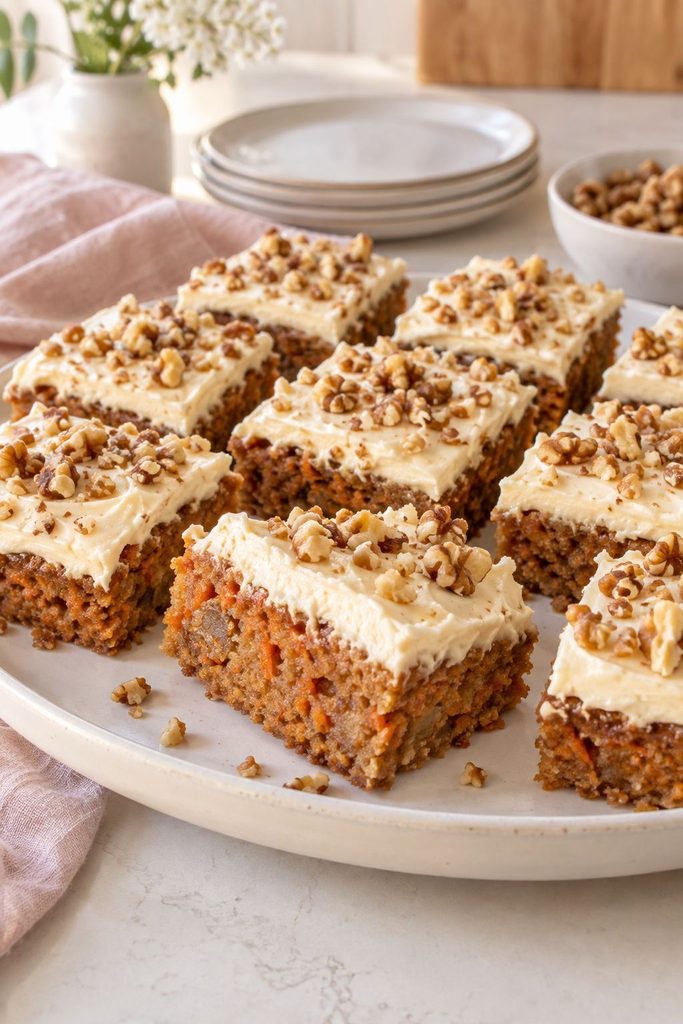 Frosted carrot cake blondies with walnuts on top