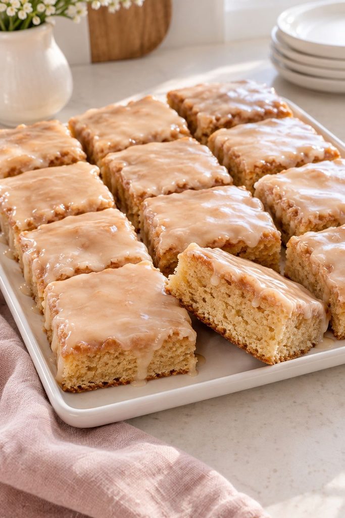 Soft maple donut bars with a glossy maple glaze