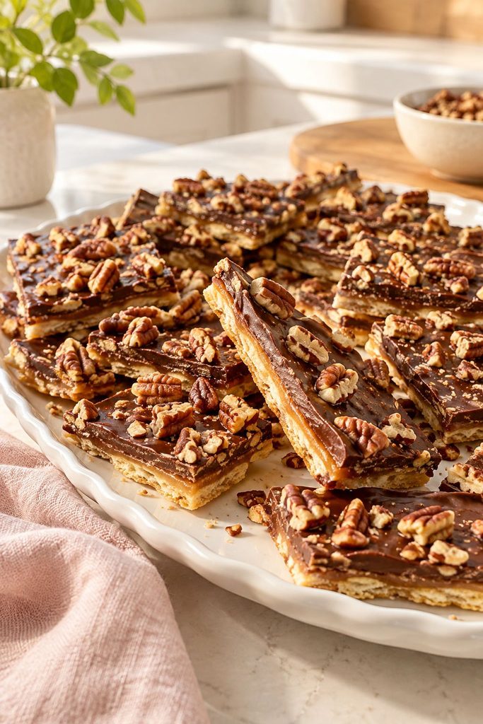 Saltine toffee bars with chocolate layer and chopped pecans