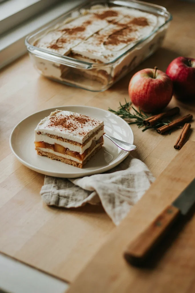 Sliced no-bake apple icebox cake showing layered graham crackers and cream