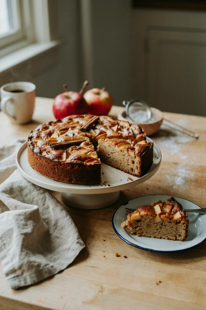 Brown butter apple cake dusted with powdered sugar