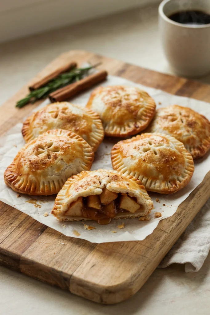 Golden apple hand pies with crimped edges on a cooling rack