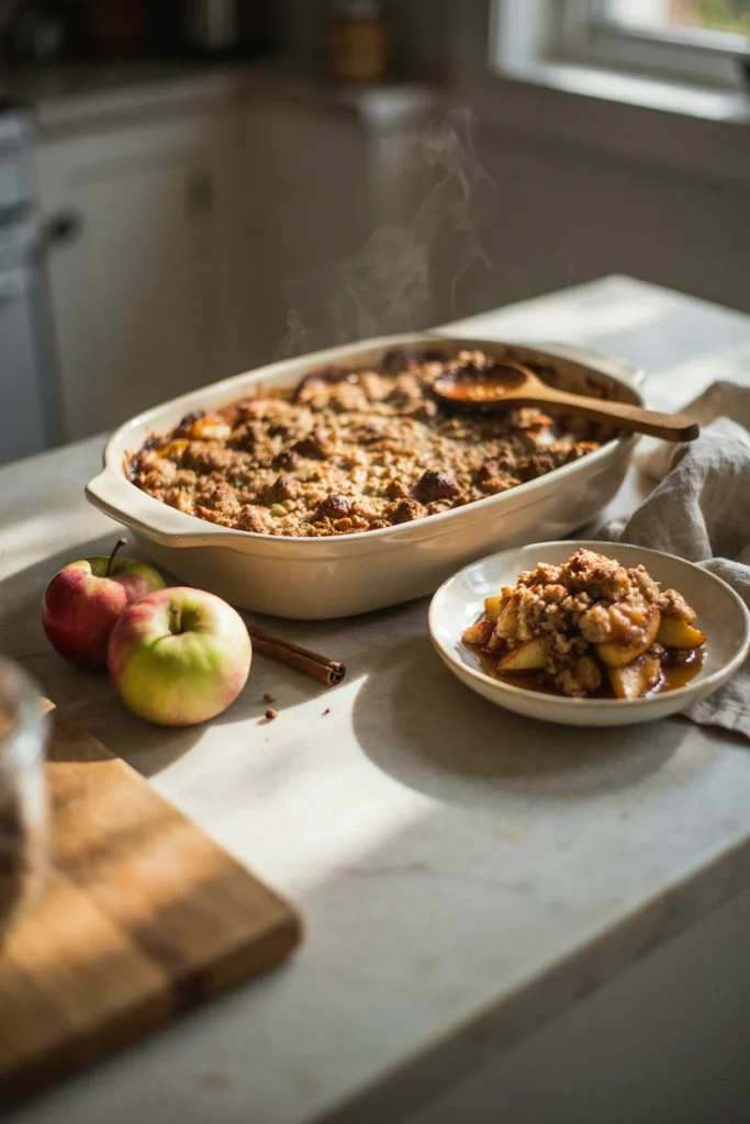 Classic apple crisp with golden oat crumble topping in a baking dish