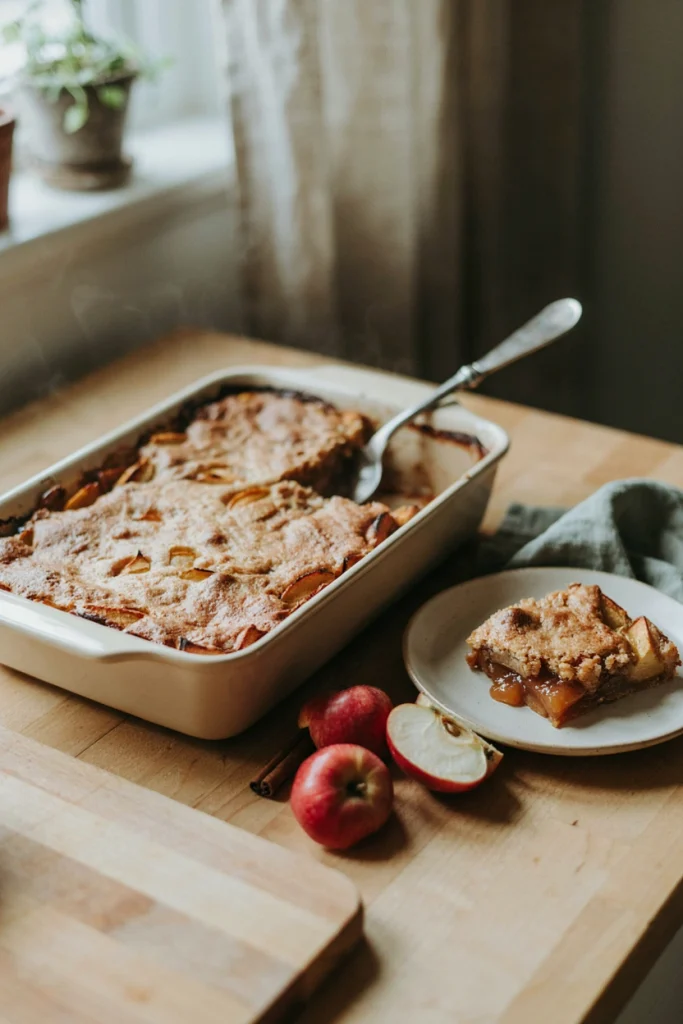 Apple dump cake with golden crisp topping in a baking pan