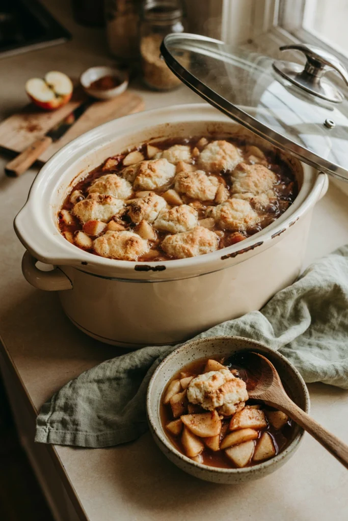 Slow cooker apple cobbler with a cake-like topping