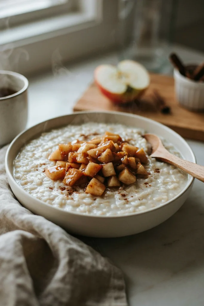 Creamy apple cinnamon rice pudding topped with caramelized apples