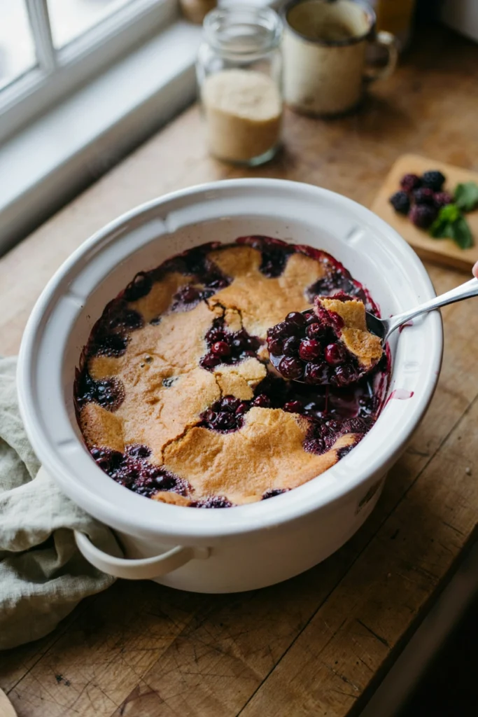 Blackberry cobbler dump cake with deep purple blackberry filling bubbling through a golden crumb crust
