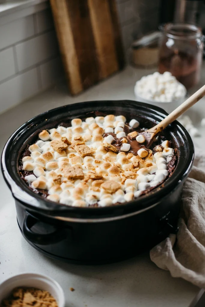 S'mores dump cake with toasted golden marshmallows and crushed graham crackers over a chocolate cake base