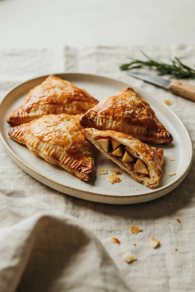 Flaky apple turnovers made with puff pastry cooling on a rack