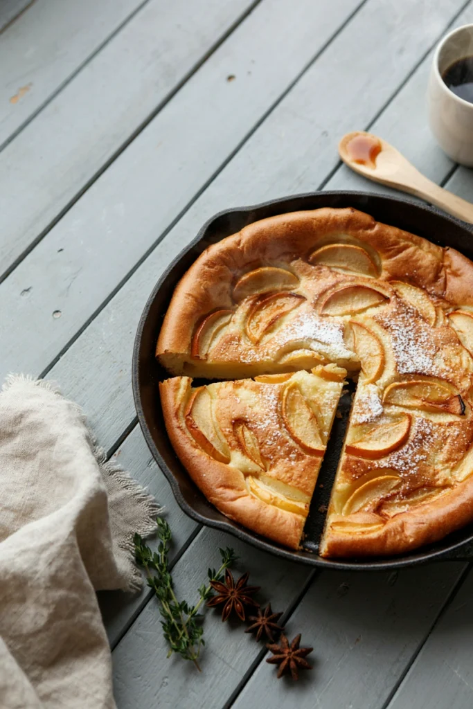 Baked apple pancake in a cast iron skillet