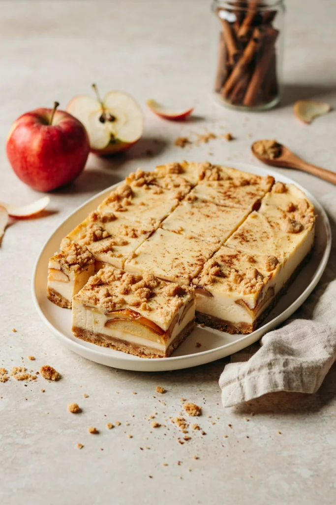 Apple cheesecake bars sliced into squares