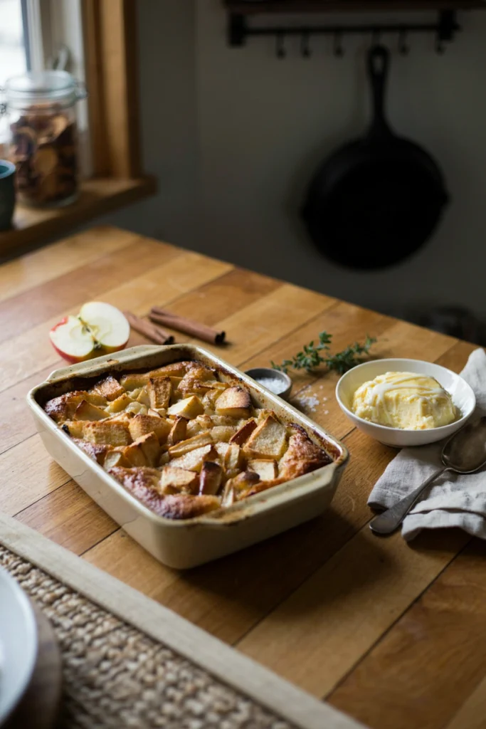 Spiced apple bread pudding in a baking dish with a scoop taken out