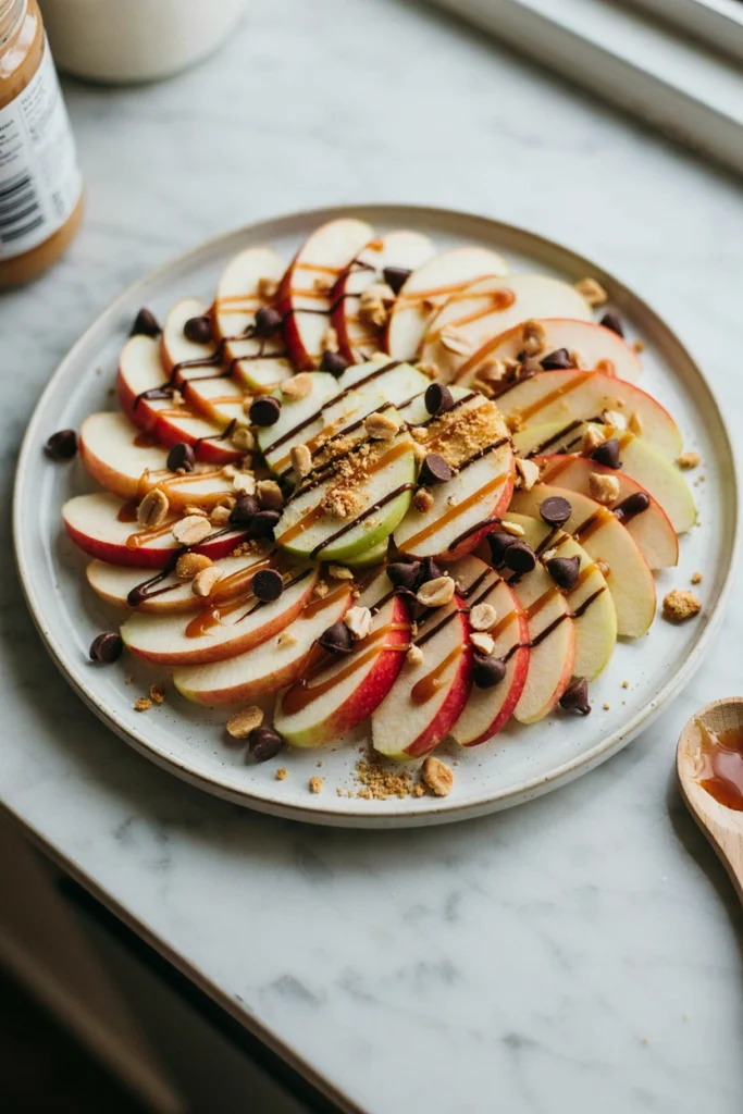 Caramel apple nachos drizzled with caramel and chocolate on a serving plate
