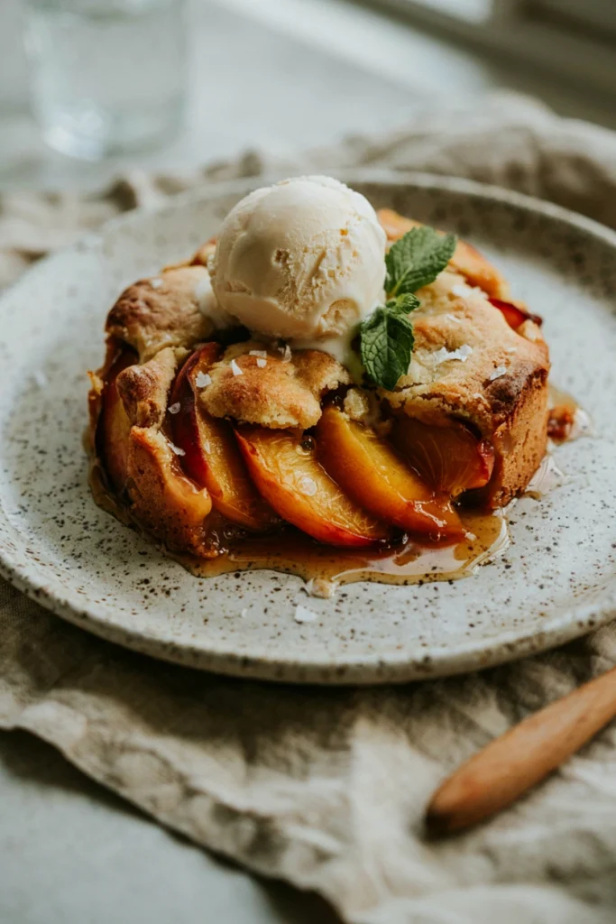 Peach cobbler dump cake with juicy peach slices bubbling around a golden biscuit-textured top