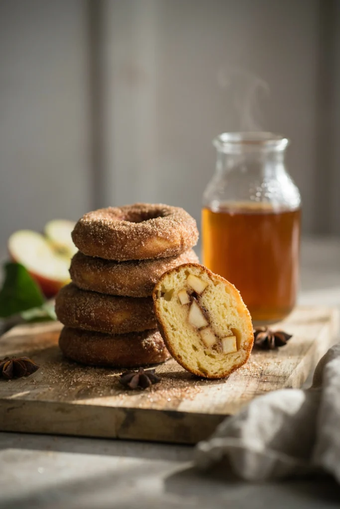 Apple cider donuts coated in cinnamon sugar on a cooling rack