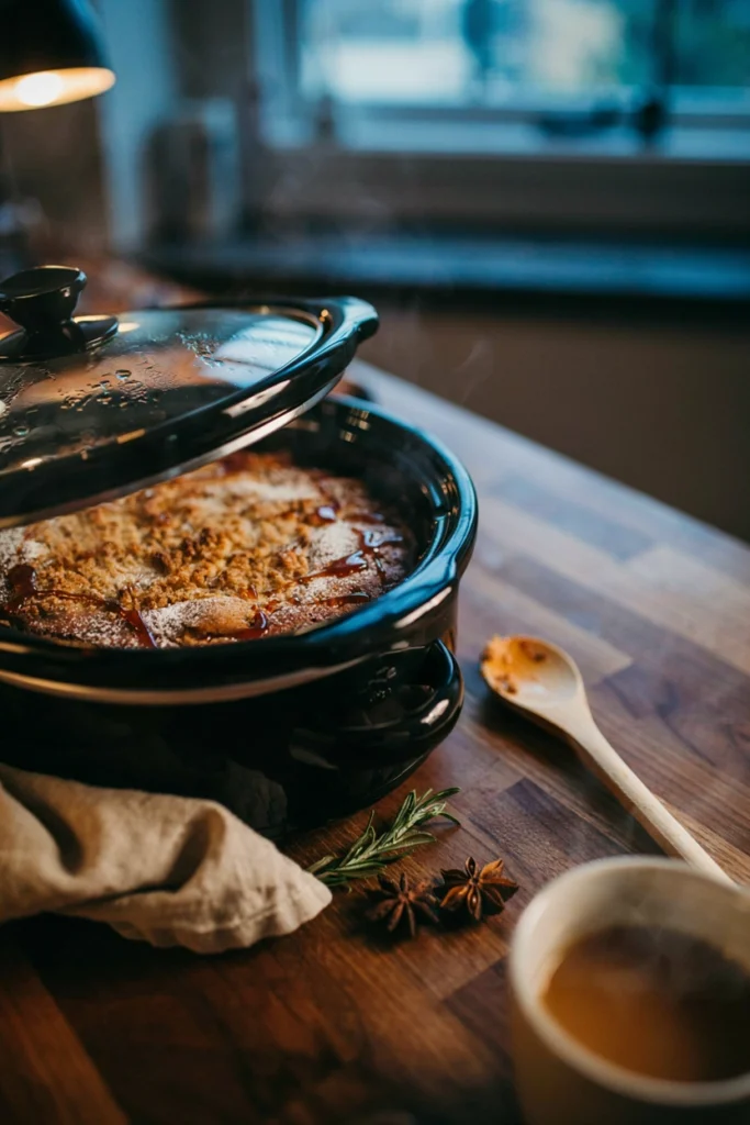 Gingerbread dump cake, dark and spiced with a molasses sheen, dusted with powdered sugar