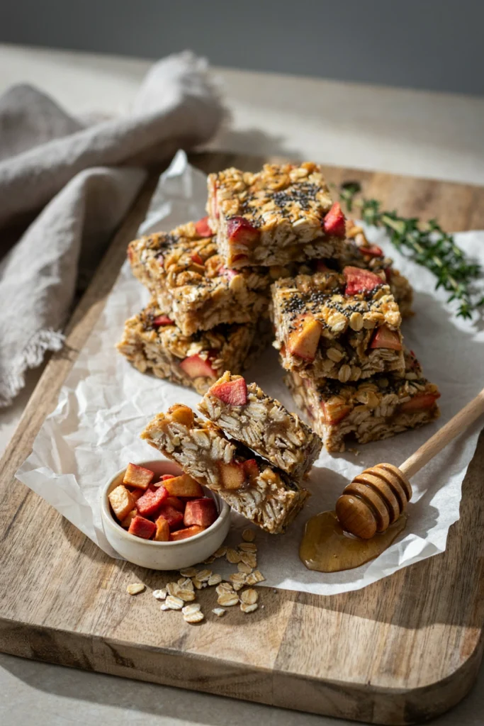 No-bake apple oatmeal bars stacked on a plate