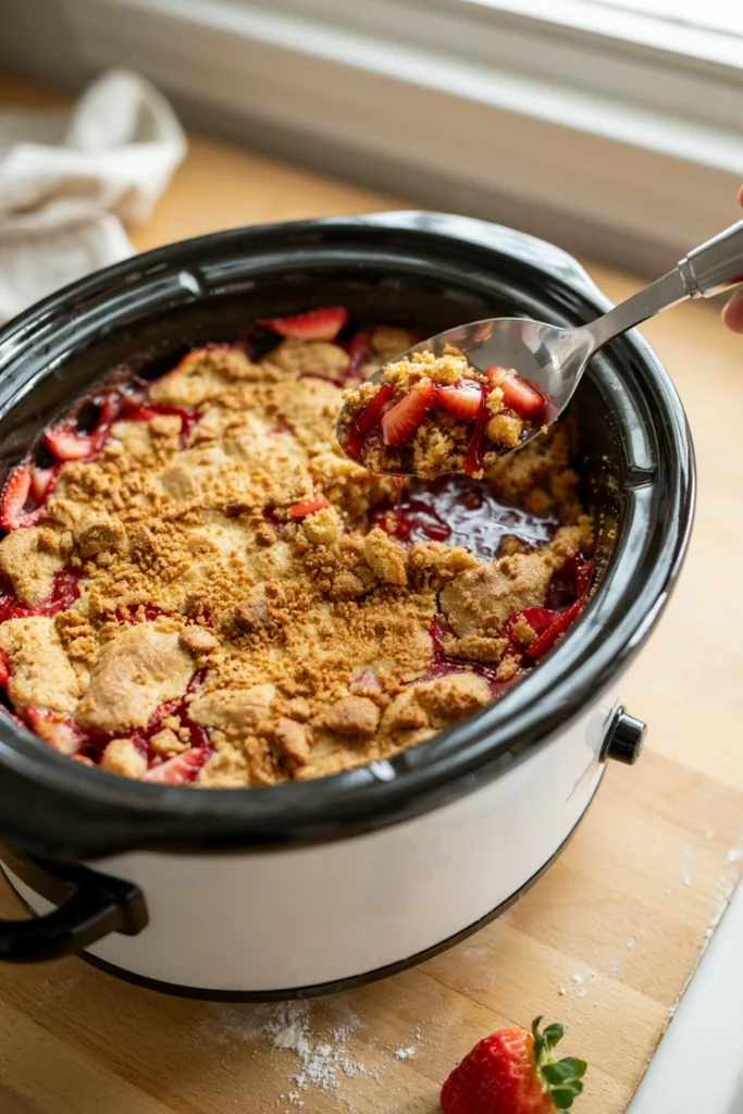Strawberry shortcake dump cake with fresh sliced strawberries over a golden shortcake topping and whipped cream