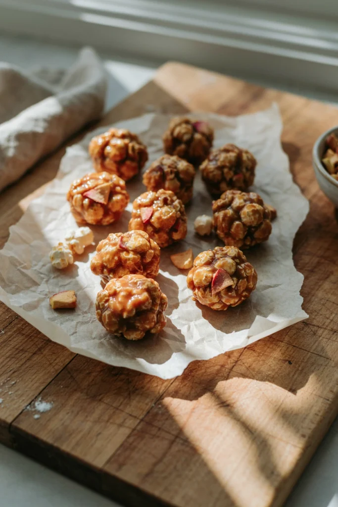 Caramel apple popcorn balls with dried apple pieces on parchment paper