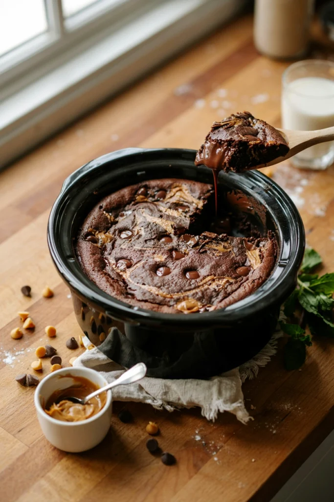 Chocolate peanut butter dump cake cut open to show gooey peanut butter cup pockets and melted chocolate chips