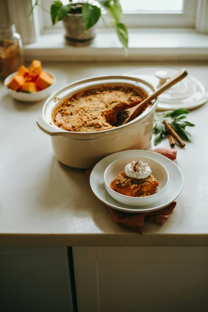 Pumpkin spice dump cake with deep orange pumpkin filling under a golden cinnamon-dusted crumb topping