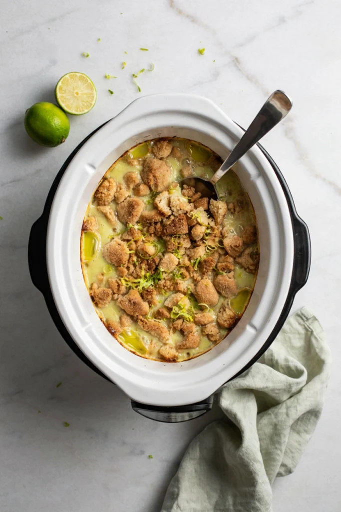 Key lime dump cake with a pale green tangy filling under a golden crust and lime zest curls on top
