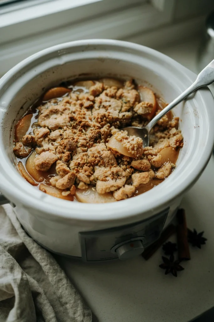 Chai spice pear dump cake with soft pear slices under a deeply spiced golden topping