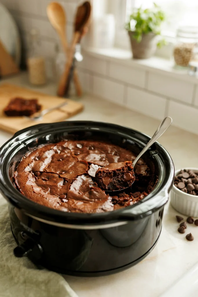 Dense fudgy crockpot brownie dump cake with a shiny crackled top, cut to show a moist chocolate interior