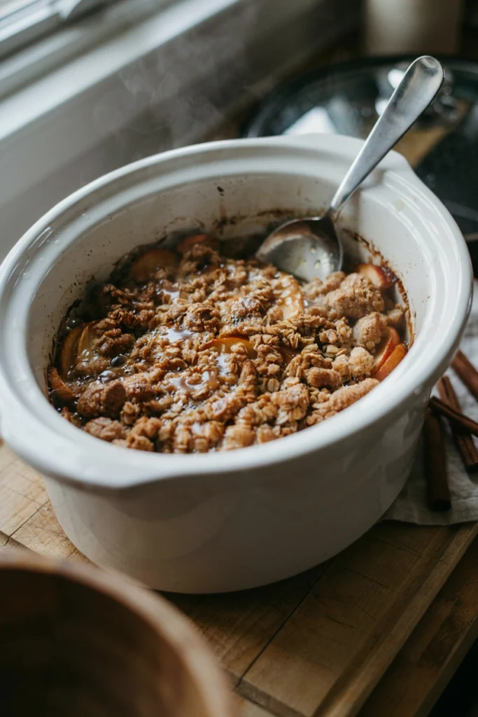 Dairy-free apple cinnamon dump cake with cinnamon-spiced apples under a golden coconut oil crust