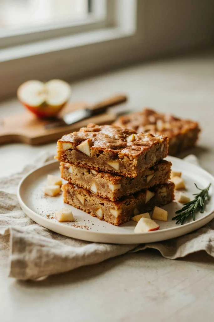 Apple cinnamon blondies with white chocolate chunks stacked on a plate