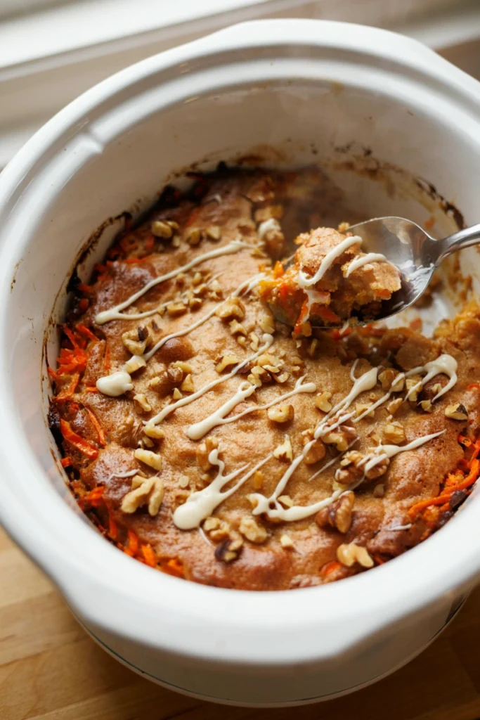 Carrot cake dump cake with shredded carrot and walnuts visible, finished with a cream cheese drizzle
